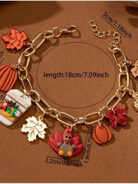 Gold Tone Link Charm Bracelet Turkey Pumpkin Leaf Dangle, Adjustable 7.09 in